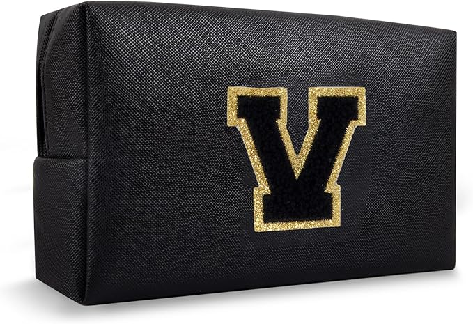 Personalized Initial Preppy Patch Makeup Bag, Travel Toiletry Zipper Pouch Cute Black Cosmetic Organizer Small Makeup Bag for Purse, PU Chenille Letter Make Up Bags Storage Gifts for Women(Letter V)