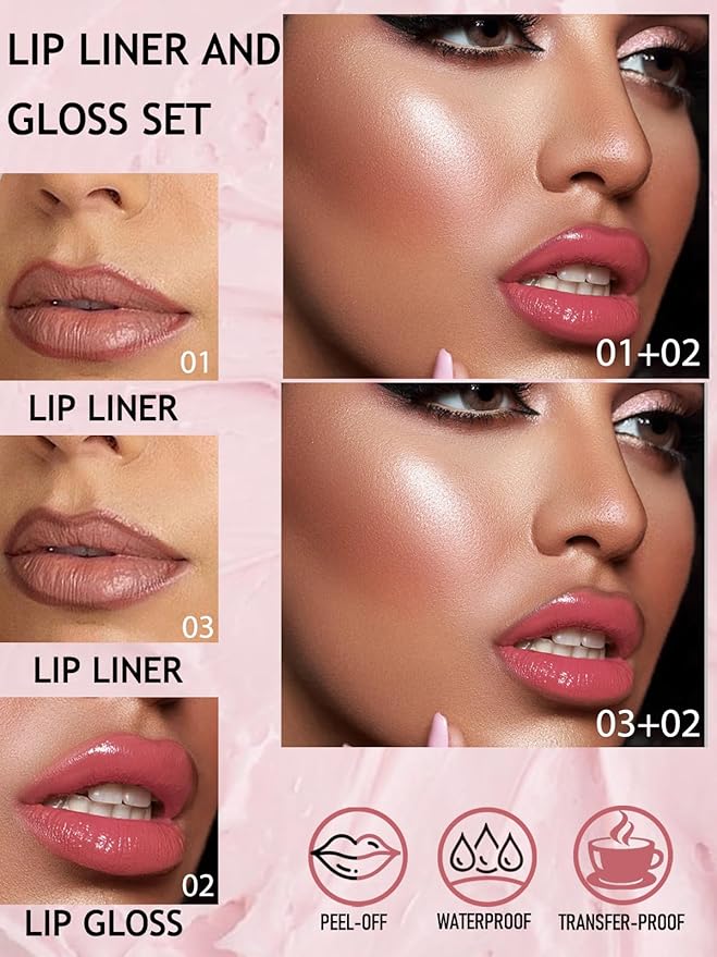 Peel Off Tattoo Lip Liner Stain Lip Gloss Combo Sets, 2 Colors Rose Pink Brown Matte Lip Liner and Nourishing Lip Gloss Tint Stain Kit, Long Lasting Waterproof Non Sticky Liquid Lipstick Makeup-Set 02