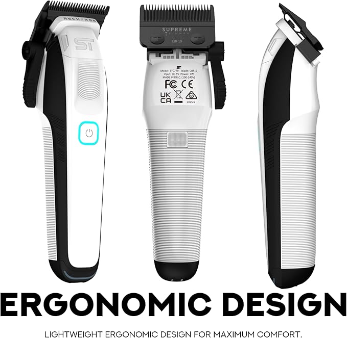 Supreme Trimmer Recharge Clipper - Professional Hair Clipper with 2 Removable Batteries, Brushless Motor, Smart Charge Stand, USB-C Charge & DLC Blades Barbers | STC779