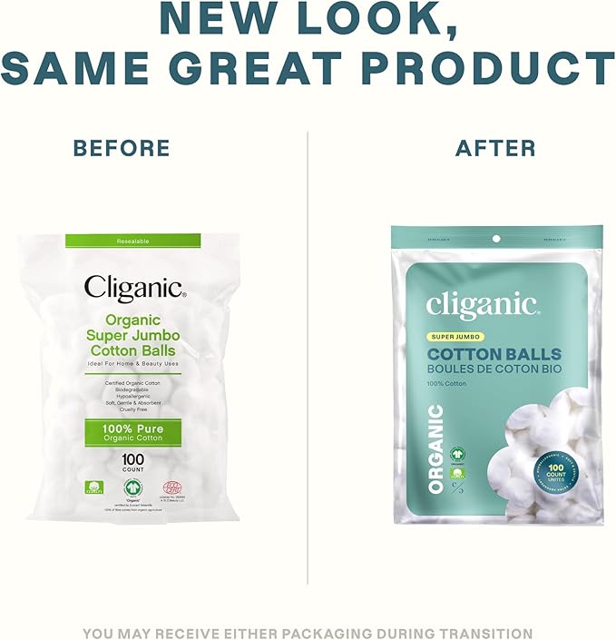 Cliganic Organic Super Jumbo Cotton Balls (200 Count) - Hypoallergenic, Absorbent, Large Size, 100% Pure (Packaging May Vary) (Pack of 2)