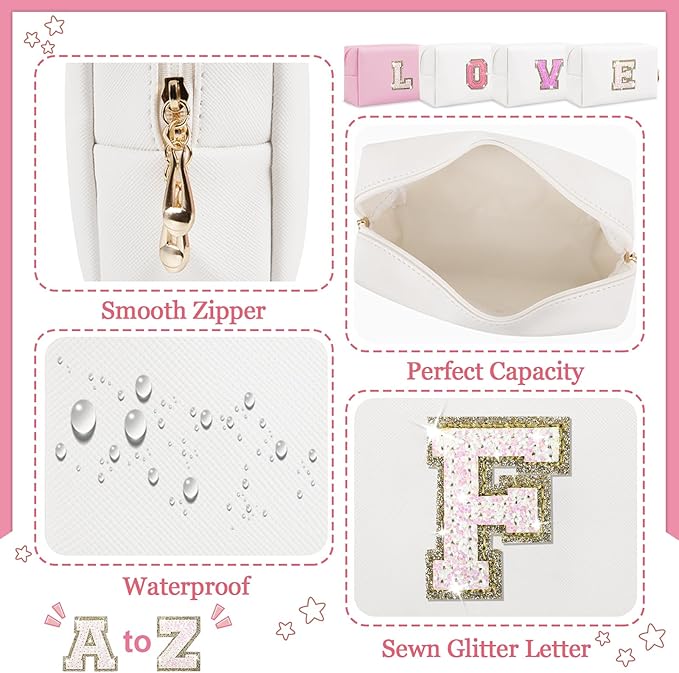 Personalized Initial Letter Makeup Bag, Preppy Glitter Letter Patch Cosmetic Pouch Zipper,PU Waterproof Travel Toiletry Bag Cute Makeup Organizer Monogrammed Make Up Bag,Gift for Women Girls(Letter F)