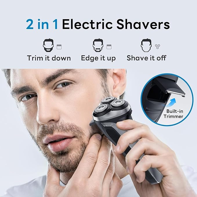 Electric Razor for Men, 100% Waterproof, Gentle on Sensitive Skin, Wet & Dry Rotary Electric Shavers for Men, Pop-up Beard Trimmer, 120 Min Shaving, 1.5H Fast Charge, Ergonomic Men's Shaver