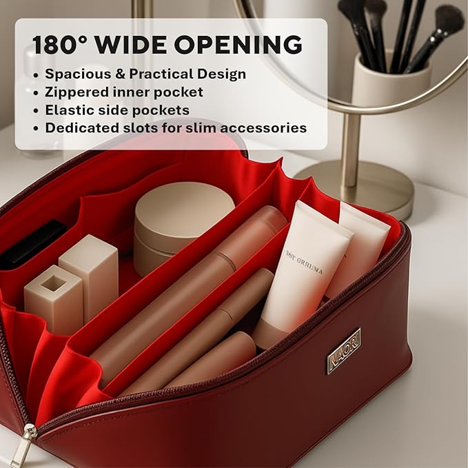 NAORI Travel Makeup Bag for Women | Large Luxury Cosmetic Organizer with Handle & Inner Pockets | Waterproof Leather Toiletry Bag | Makeup Case for Home, Travel & Gifting (Classic Burgundy)
