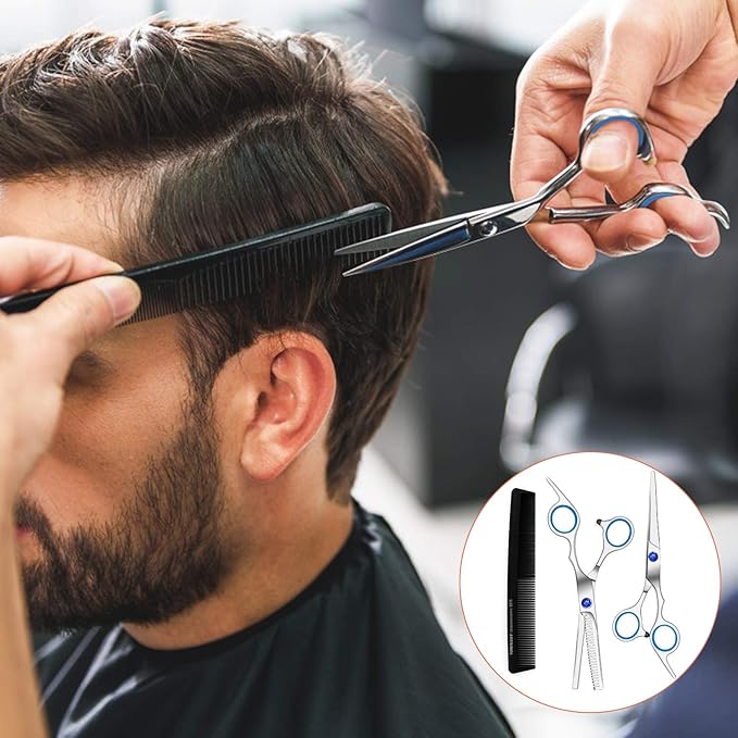 Sirabe 11 PCS Hair Cutting Thinning Scissors Set, Sapphire Professional Haircut Scissors Kit Stainless Steel Barber Texturizing Shears Tools for Salon Hairdressing Home