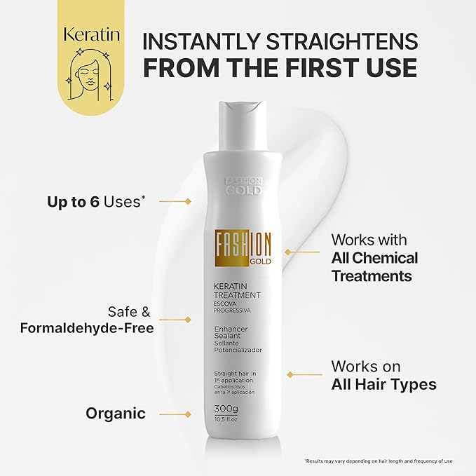 FASHION GOLD, Keratin Hair Treatment, 6 USES per Bottle, Keratina para Alisar el Pelo, Alisado Brasileño Keratina Permanente, Alisados Organicos SIN FORMOL, Nanoplastia, 300 grs