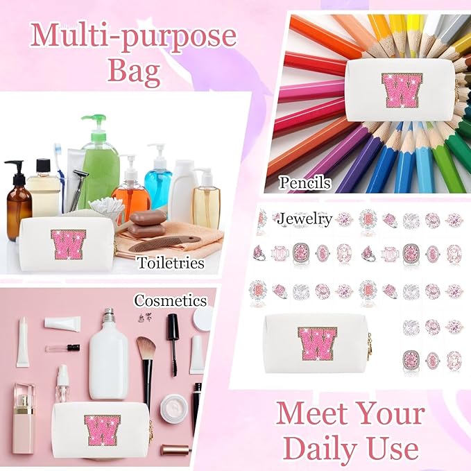 Small Personalized Glitter Initial Letter Makeup Bag, Cute PU Leather Chenille Letters Cosmetic Bag Travel Makeup Pouch, Preppy Travel Organizer Zipper Pouch for Women&Girls（WhiteRosePink-W）