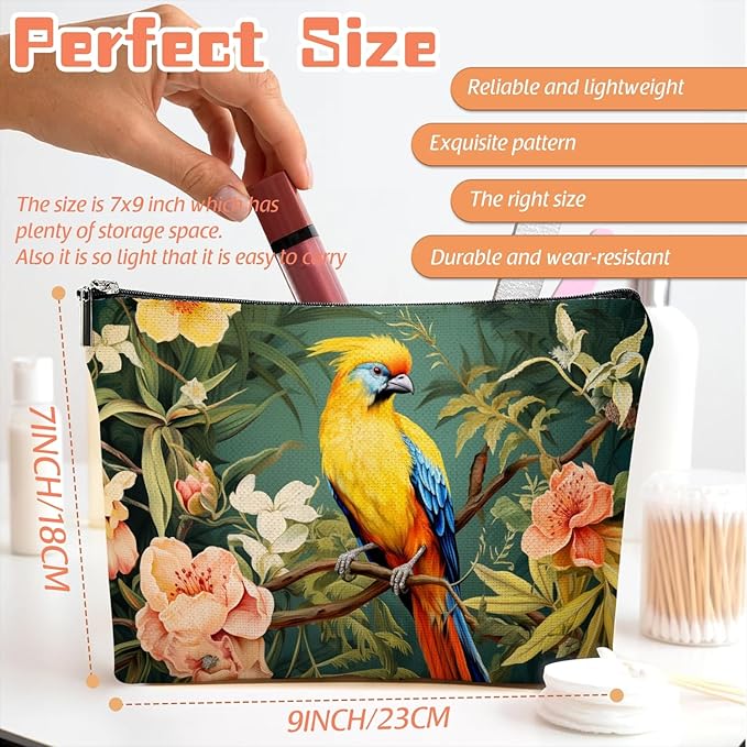 Makeup Bag Travel Cosmetic Bags Small Makeup Case Waterproof Zipper Pouch for Women Girls 7X9inches - Colorful Bird on A Branch with Tropical Flowers