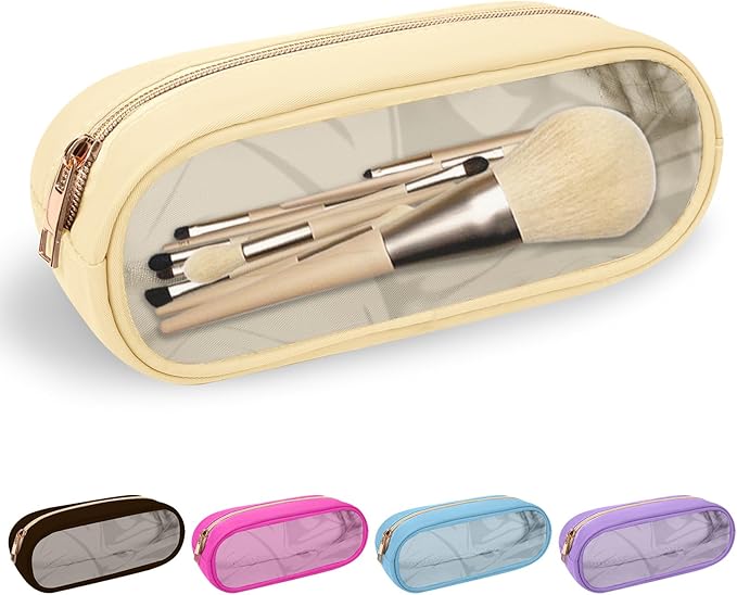 Nylon Slim Makeup Bag, Cute Preppy Cosmetic Zipper Pouch, Travel Toiletry Bag Clutch Coin Pouch for Women Girls (Beige)