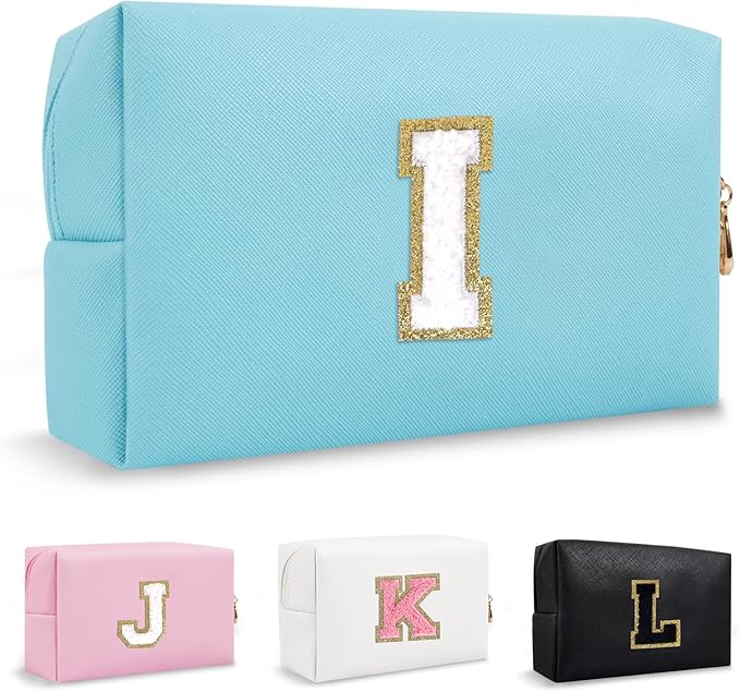 Personalized Small Initial Preppy Makeup Bag, Cute Blue Chenille Letter Cosmetic Organizer Toiletry Travel Pouch, Waterproof Portable PU Monogram Make Up Bag Case Gift for Women Friends Her(Letter I)