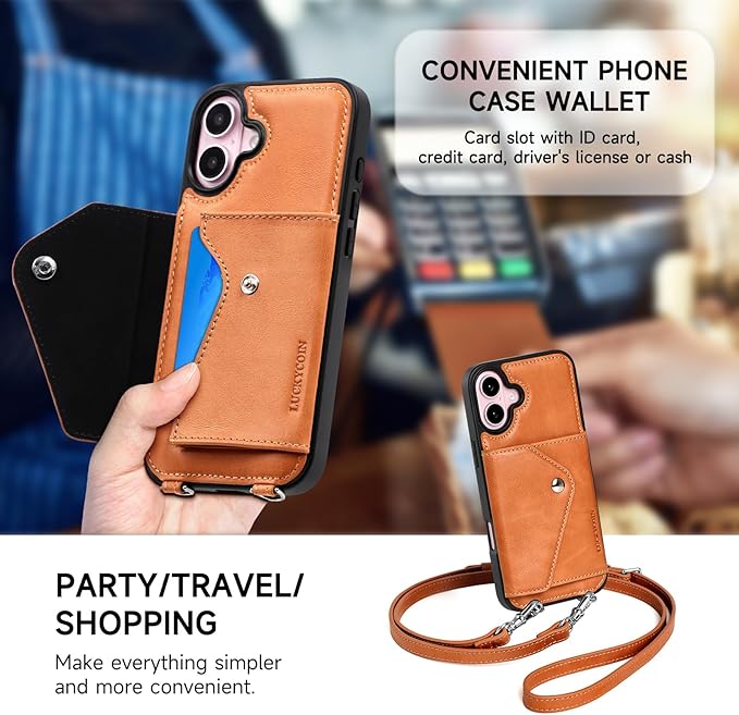LUCKYCOIN Crossbody Wallet Phone Case for iPhone 16 Plus,100% Genuine Leather Wallet Phone Case with Expandable Flip Card Holder,Phone Purse for Women with Adjustable Removable Strap - Tan