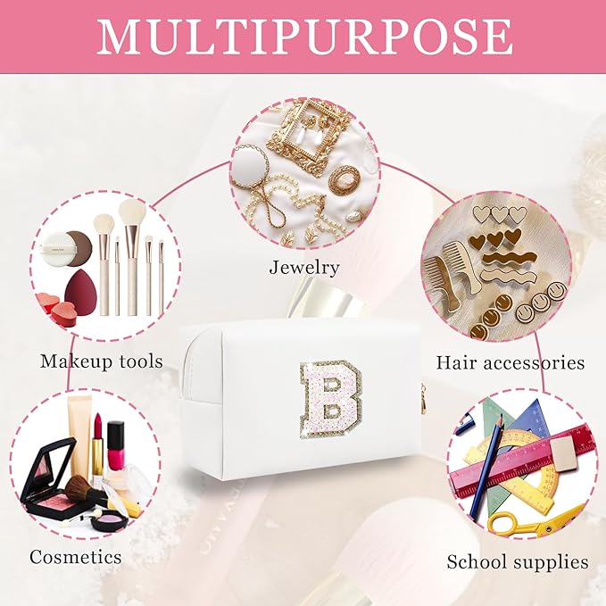 Personalized Initial Letter Makeup Bag, Preppy Glitter Letter Patch Cosmetic Pouch Zipper,PU Waterproof Travel Toiletry Bag Cute Makeup Organizer Monogrammed Make Up Bag,Gift for Women Girls(Letter B)