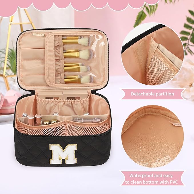 OCHEAL Makeup Bag for Women, Monogram Cosmetic Bag with Brush Holder,Black Travel Makeup Case Beauty Toiletry Bag Organizer Personalized Gifts for Girls Bridesmaid, Sister, Wife, Friends Initial M
