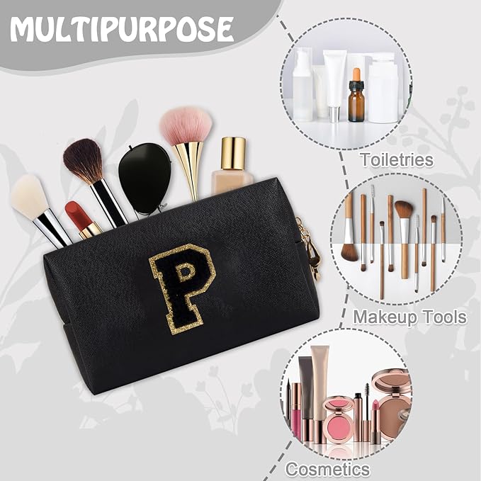 Personalized Initial Preppy Makeup Bag Organizer, Black Small Monogram Cosmetic Bag Travel Toiletry Zipper Pouch for Women, PU Leather Waterproof Make Up Case Proposal Gift for Brides Female(Letter P)