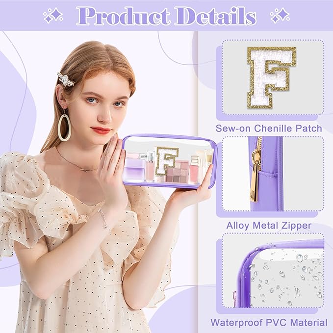 Personalized Initial Letter Clear Makeup Bag,Preppy Small Nylon&PVC Cosmetic Zipper Bag with Chenille Letter,Travel Skincare Toiletry Bag,Monogram Christmas Gift for Teen Girls Women,F
