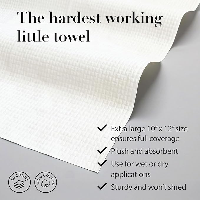 Cotton Towels | Disposable Face and Makeup Wipes | Natural, Biodegradable | Plant Based Facial Towelettes | Ideal for Sensitive Acne Prone Skin, Travel, Baby Care, 50 Ct, 1 Pk