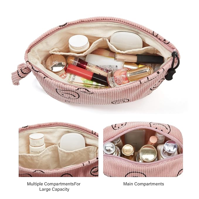 Makeup bag set small Cosmetic bag for women purse Corduroy Organizer with interior Pockets,cute Pencil zipper Pouch travel Toiletry Bag with handle((Strawberry Pink)