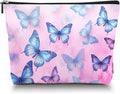 Makeup Bag Travel Cosmetic Bags Small Makeup Case Waterproof Zipper Pouch for Women Girls 7X9inches - Blue And Purple Butterflies on A Pink Background