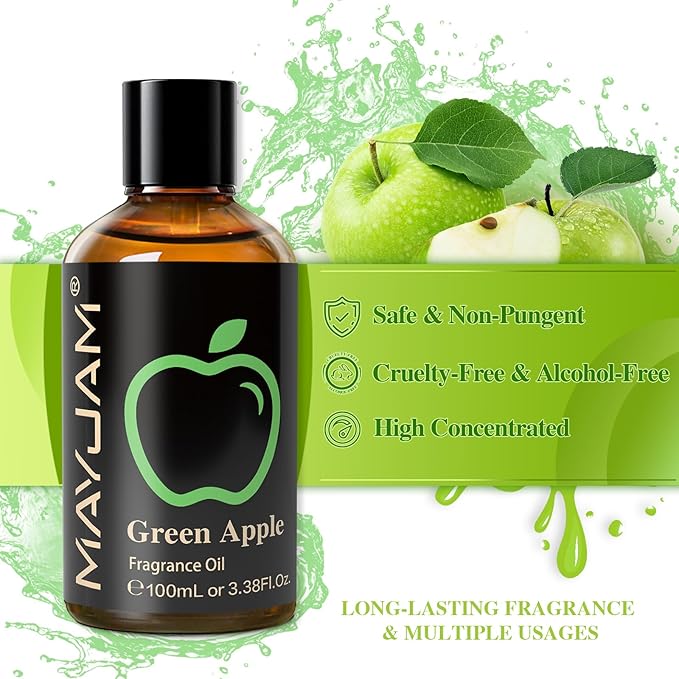 MAYJAM 3.38FL.OZ Green Apple Fragrance Oils with Glass Dropper, 100ML Essential Oils for Diffusers for Home, Long Lasting Scented Oils for Diffusers Soap Candle Making