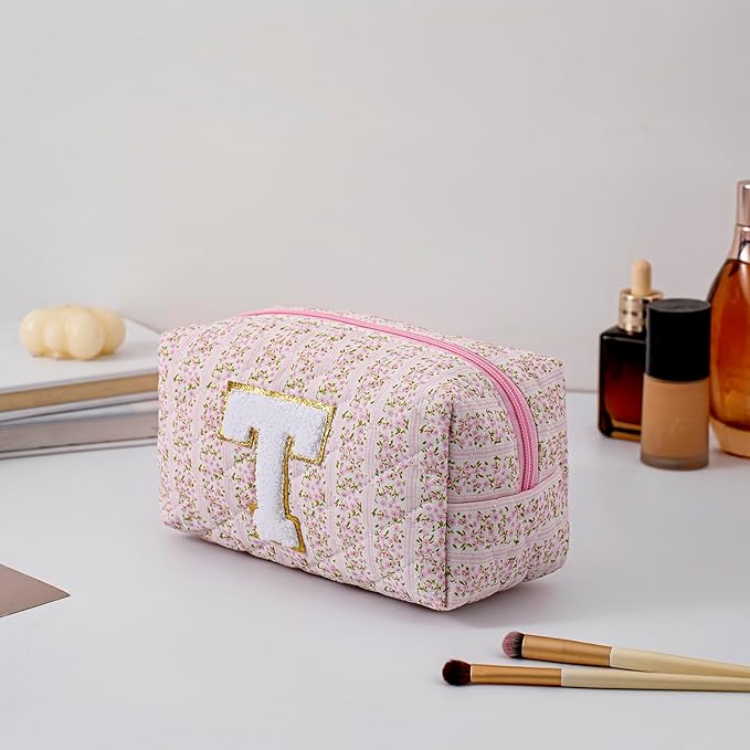 JOVAKIT Makeup Bag Cosmetic Bags for Women, Christmas Gifts for Girls Age 6-18, Alphabet Pink Floral Coquette Zipper Travel Makeup Pouch, Organizer Case Trendy Stuff (Pink Floral T)