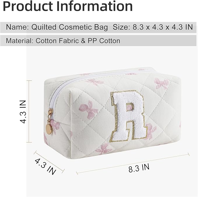 Gleyemor Personalized Initial Makeup Bag for Women, Cute Quilted Pink Floral Cotton Cosmetic Bag, Christmas Gifts for Her Mom Friend Sister Bridesmaid Teacher Women R