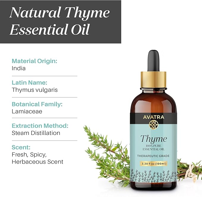 Avatra Thyme Essential Oil 100ML (3.38 OZ) with Glass Dropper and Travel Bottle, Pure and Natural Therapeutic Grade Thyme Oil for Diffuser, Aromatherapy, Massage, and DIY Candle Products
