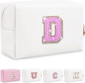 Personalized Initial Letter Makeup Bag, Preppy Glitter Letter Patch Cosmetic Pouch Zipper,PU Waterproof Travel Toiletry Bag Cute Makeup Organizer Monogrammed Make Up Bag,Gift for Women Girls