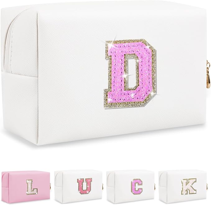 Personalized Initial Letter Makeup Bag, Preppy Glitter Letter Patch Cosmetic Pouch Zipper,PU Waterproof Travel Toiletry Bag Cute Makeup Organizer Monogrammed Make Up Bag,Gift for Women Girls