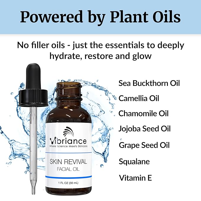 Vibriance Skin Revival Facial Oil - Natural Ingredients - Face Hydrating for Sensitive and Dry Types, with Vitamin E, Sea Buckthorn, Camellia, Squalane - Vegan, Paraben-Free