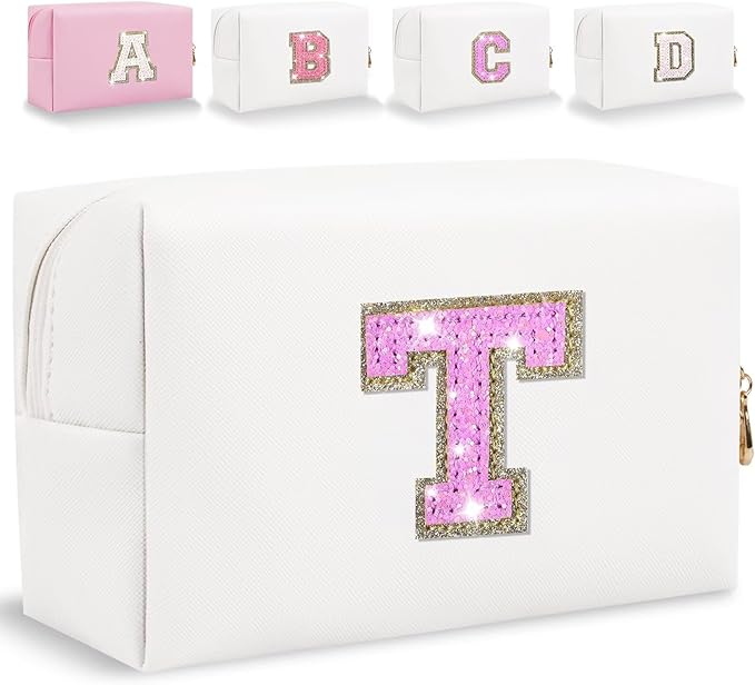 Glitter Initial Letter Makeup Bag, Small Personalized Sequins Letters PU Leather Cosmetic Bag Portable Waterproof Makeup Zipper Pouch, Shine Handbag Organizer Travel Bag Gifts for Women&Girls(White-T)