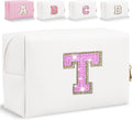 Glitter Initial Letter Makeup Bag, Small Personalized Sequins Letters PU Leather Cosmetic Bag Portable Waterproof Makeup Zipper Pouch, Shine Handbag Organizer Travel Bag Gifts for Women&Girls(White-T)