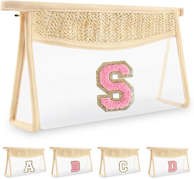 Small Boho Straw Initial Letter Makeup Bag Personalized Gift ,Cute Clear Chenille Patch Makeup Bag With Zipper,Trendy TSA Approved Travel Toiletry Bag,Gift for Women Girls Birthday Friend, Letter S