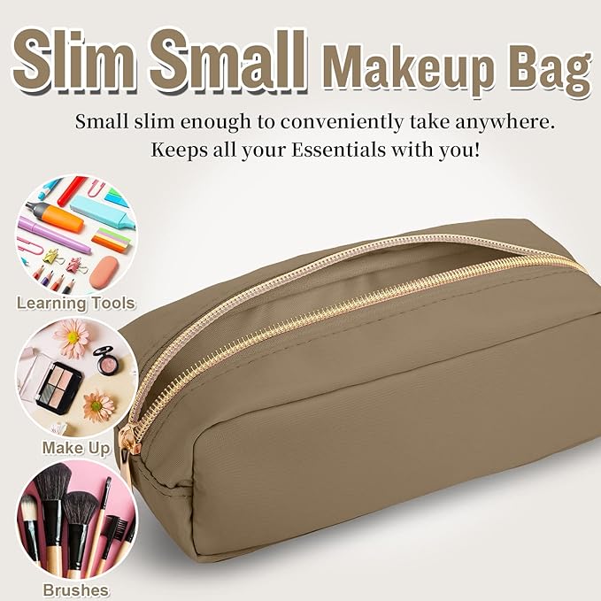 IZUZTA Nylon Slim Makeup Bag, Preppy Cute Makeup Brush Case Bag, Waterproof Travel Toiletry Bag Clutch Coin Pouch Make Up Organizer for Women Girls (Khaki)