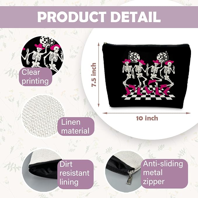 Gothic Dancing Skeleton Cowboy Makeup Bag, Western Goth Skull Cosmetic Bags for Women, Trendy Retro Black and White Checkered Makeup Pouch Zipper Pouch