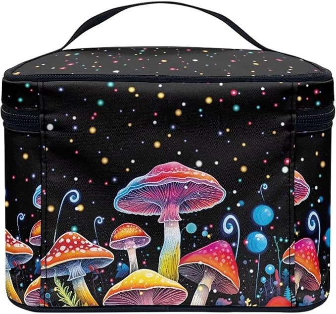 Colorful Mushrooms Pattern Makeup Bag Travel Cosmetic Bag with Zipper and Handle Portable Large Capacity Toiletry Case for Women Ladies Travel Accessories