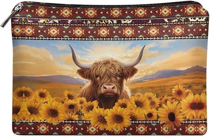COEQINE Sunflower Purse Leather Cosmetic Wallet for Women Western Party Bag Elehant Cosmetic Pouch With Zipper Cute Highland Cow Purses Cosmetic Wallet for Travel Birthday Party