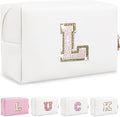 Initial Letter Patch Makeup Bag, Small Preppy A-Z Glitter Letter Cosmetic Bag, PU Leather Waterproof Travel Toiletry Bag, Cute Make Up Pouch Personalized Monogrammed Gift for Women Teen Girls