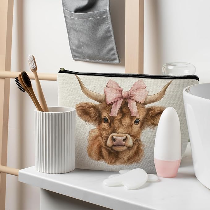 Highland Cow Makeup Bag - Pink Bow Cow Gifts for Women, Western & Cowgirl Gifts