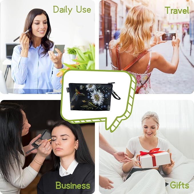 Gloppie Makeup Bag Small Cosmetic Bag for Purse Zipper Makeup Pouch Travel Essentials Hummingbird Daisy