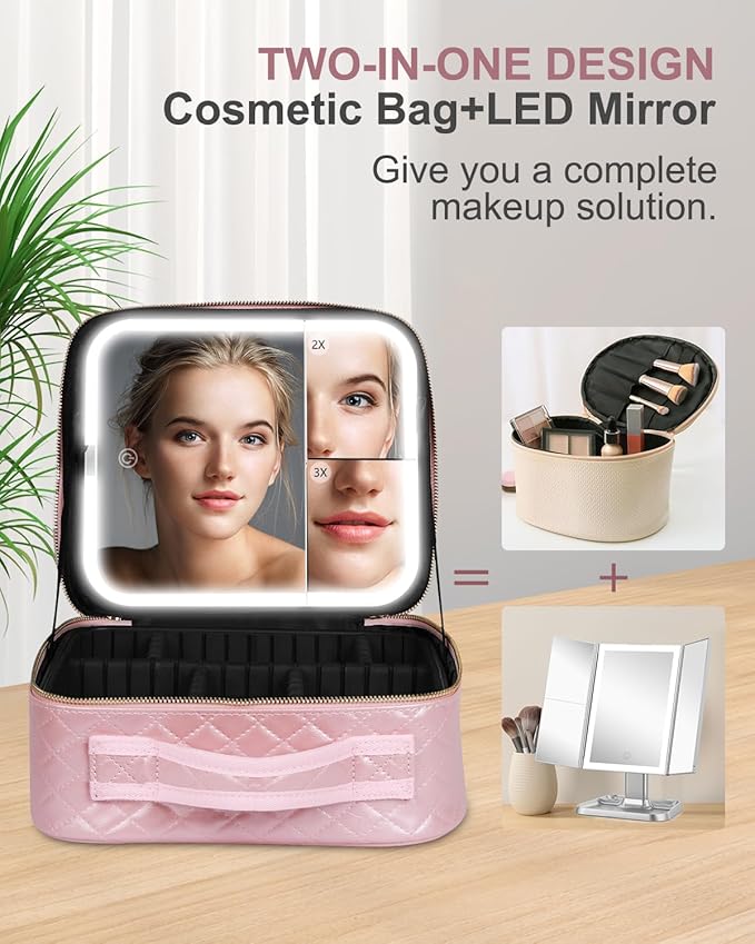 Makeup Bag with LED Lighted Mirror| Portable Makeup Organizer Train Case with 2X/3X Magnification & 3 Color Lights for Precision, Adjustable Brightness| Elegant Gift Packaging, Gift for Women, Pink