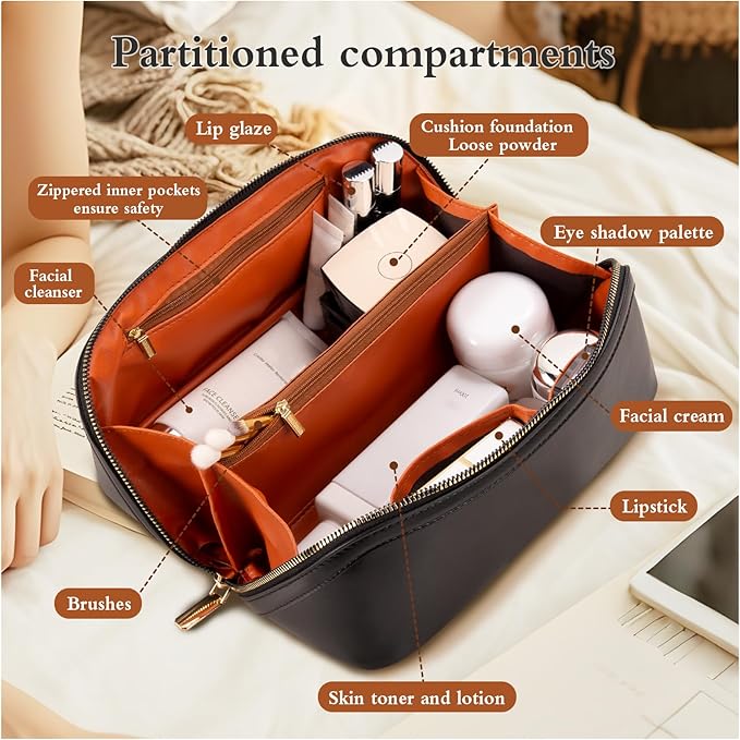 Abiudeng Travel Makeup Bag,Large Capacity Toiletry Bag Cosmetic Bags for Travel Essentials,Waterproof Portable Pouch Open Flat Makeup bag Organizer with Divider and Handle-black