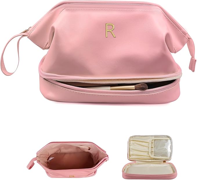 Initial Makeup Bags for Teens Girls, Personalized Double Layer Cosmetic Bag with Makeup Brush Organizer, Large Capacity PU Leather Travel Toiletry Bag, Gifts for Friends Female Mom
