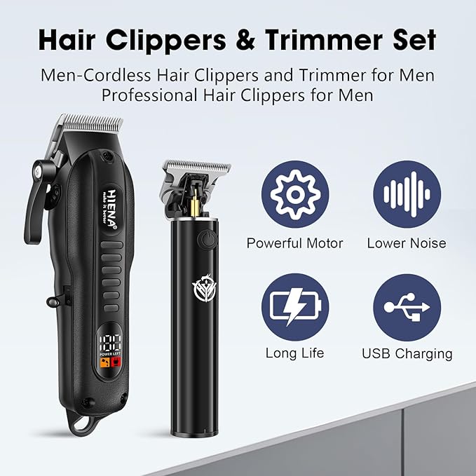 HIENA PRO Professional Hair Clippers Set for Men Cordless Hair Cutting Kit Barber Kit Rechargeable Clippers and Trimmers Set Clipper Set for Barbers with LED Display, Gifts for Men, (Black)