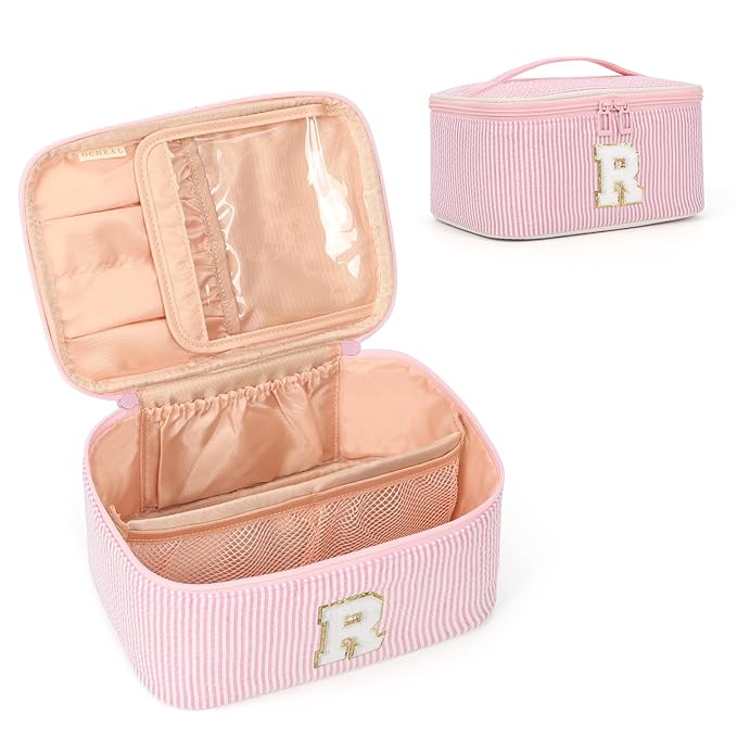OCHEAL Makeup Bag for Women, Monogram Cosmetic Bag with Brush Holder, Pink Travel Makeup Case Beauty Toiletry Bag Organizer Personalized Gifts for Girls Bridesmaid, Sister, Wife, Friends Initial R
