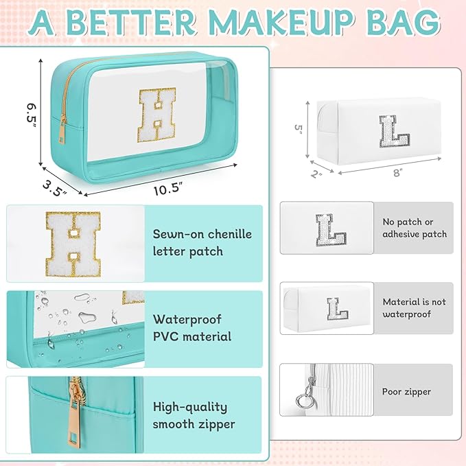 Personalized Initial Clear Makeup Bag, Travel Chenille Patch Cosmetic Bag, Preppy Toiletry Bag Monogram Cosmetic Pouch with Zipper, Ideal Gift for Teen Girls Women (Clear-Green, H)