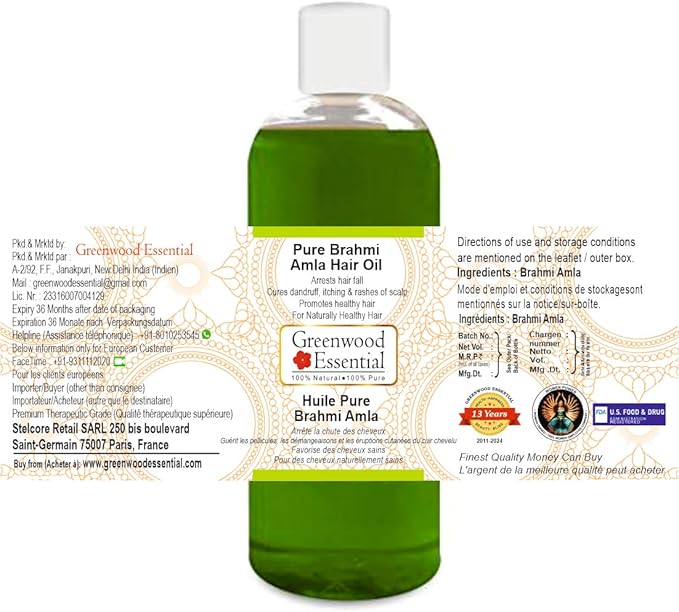 Greenwood Essential Pure Brahmi Amla Hair Oil Natural Therapeutic Grade 200ml (6.76 oz)