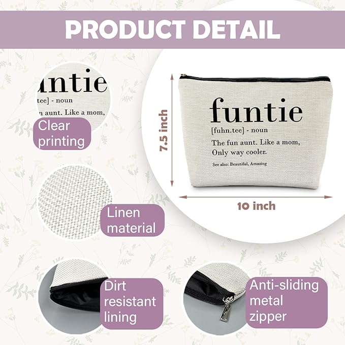 Funtie Funny Aunt Makeup Bag, Funny Auntie Aunt Gifts, Aunt Auntie Gifts from Niece Nephew, Best Auntie Gifts, Funtie Definition Cosmetic Bag Toiletry Bag for Women