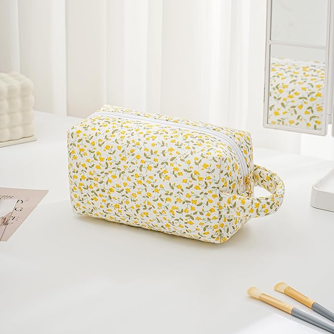 JOVAKIT Travel Makeup Bag Cosmetic Bag for Women, Christmas Gifts, Small Floral Flowers Coquette Toiletry Bag with Handle, Zipper Make Up Pouch Organizer Bag Trendy Stuff (Yellow Floral)