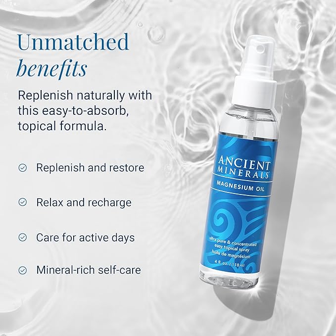 Ancient Minerals Magnesium Oil Spray Bottle of Pure Genuine Zechstein Magnesium Chloride - Topical Magnesium for Skin Application (4fl oz)