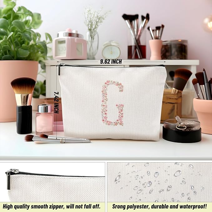 Initial Makeup Bag Floral G Personalized Cosmetic Bag Monogrammed Gifts for Women Girls Bride Grandma Monogram Zipper Pouch for Teacher Appreciation Mothers Day Birthday Wedding Bridal Shower Gifts