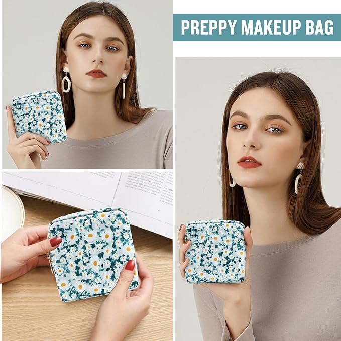 Nylon Mini Floral Makeup Bag for Purse, Small Cute Travel Makeup Bag Preppy Flower Cosmetic Zipper Pouch, Waterproof Coin Pouch Sanitary Napkin Storage Bag Make Up Organizer Set for Women(Green-Daisy)